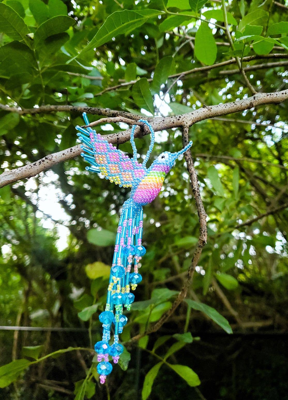 Beaded Hummingbird Figurine Seed Bead Fringe Dangle Ornament - Las Ofrendas