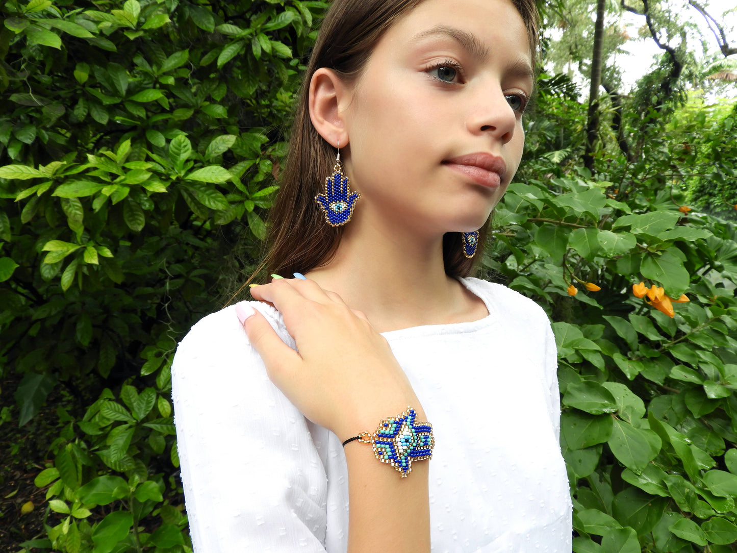 Seed Bead Hamsa Hand Shape Beaded Dangle Earrings - Las Ofrendas