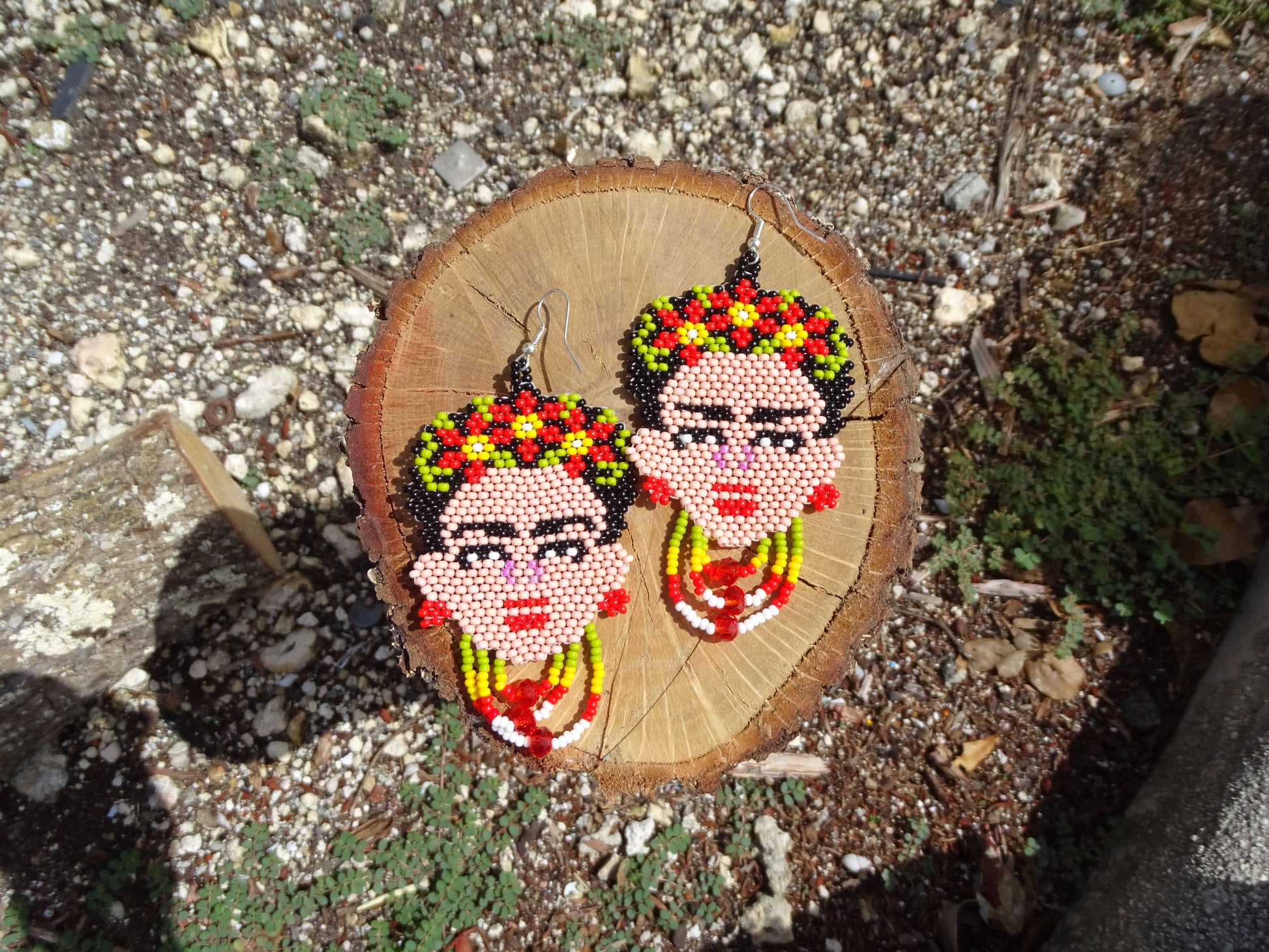 Large Seed Bead Frida Inspired Face Beaded Dangle Earrings - Las Ofrendas