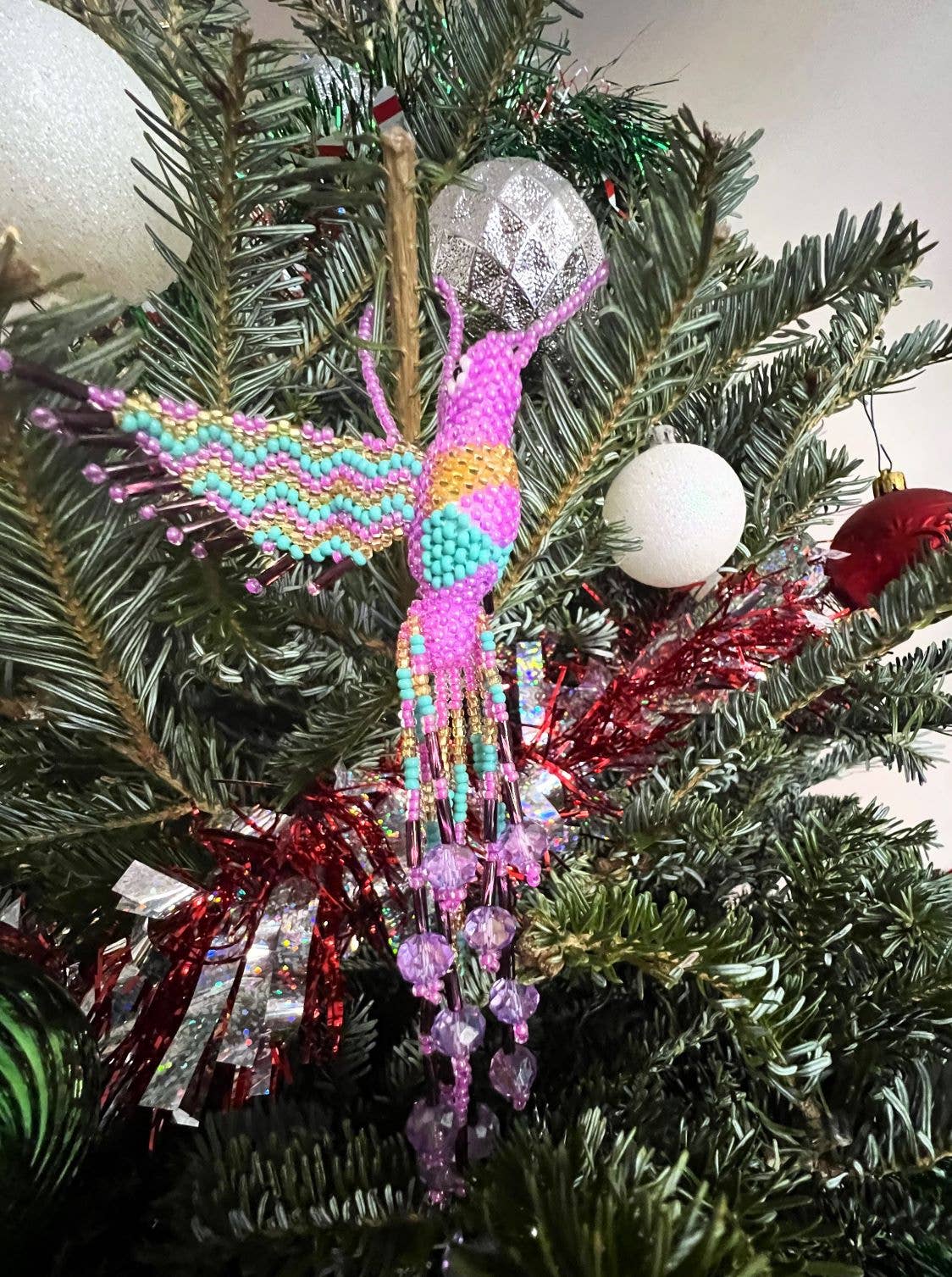 Beaded Hummingbird Figurine Seed Bead Fringe Dangle Ornament - Las Ofrendas