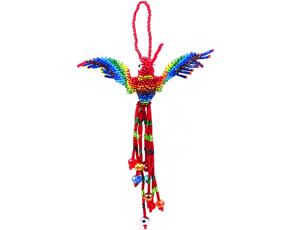 Beaded Hummingbird Figurine Seed Bead Fringe Dangle Ornament - Las Ofrendas