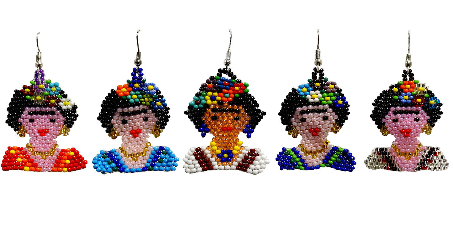 Large Seed Bead Frida Inspired Beaded Dangle Earrings - Las Ofrendas