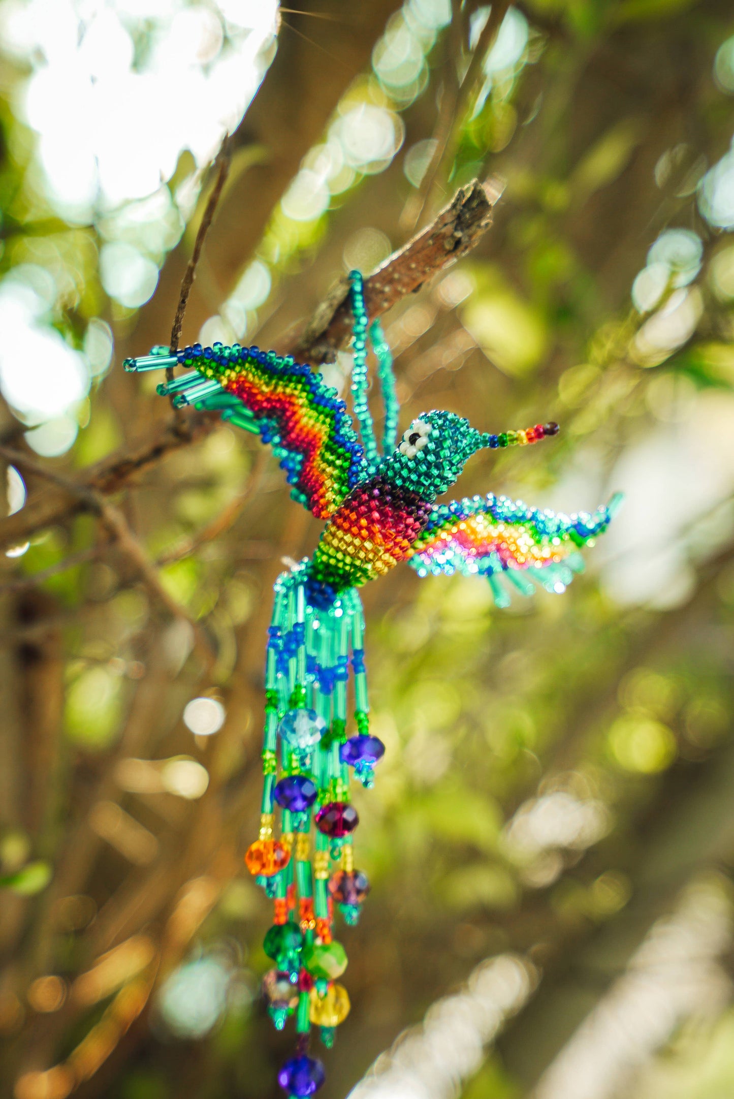 Beaded Hummingbird Figurine Seed Bead Fringe Dangle Ornament - Las Ofrendas