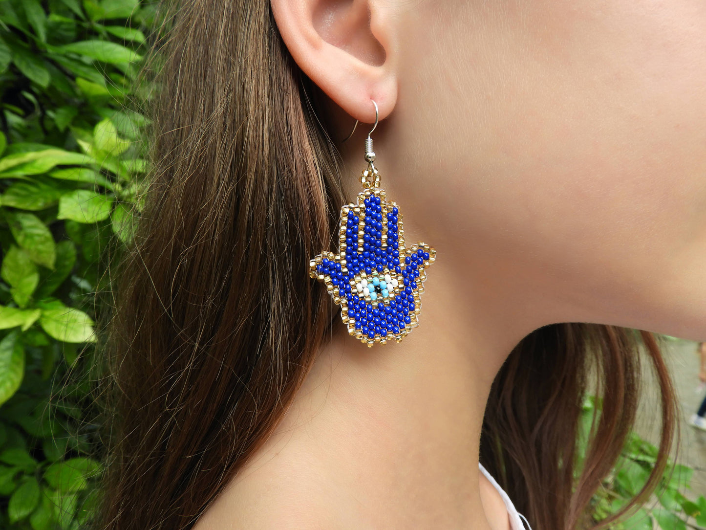 Seed Bead Hamsa Hand Shape Beaded Dangle Earrings - Las Ofrendas