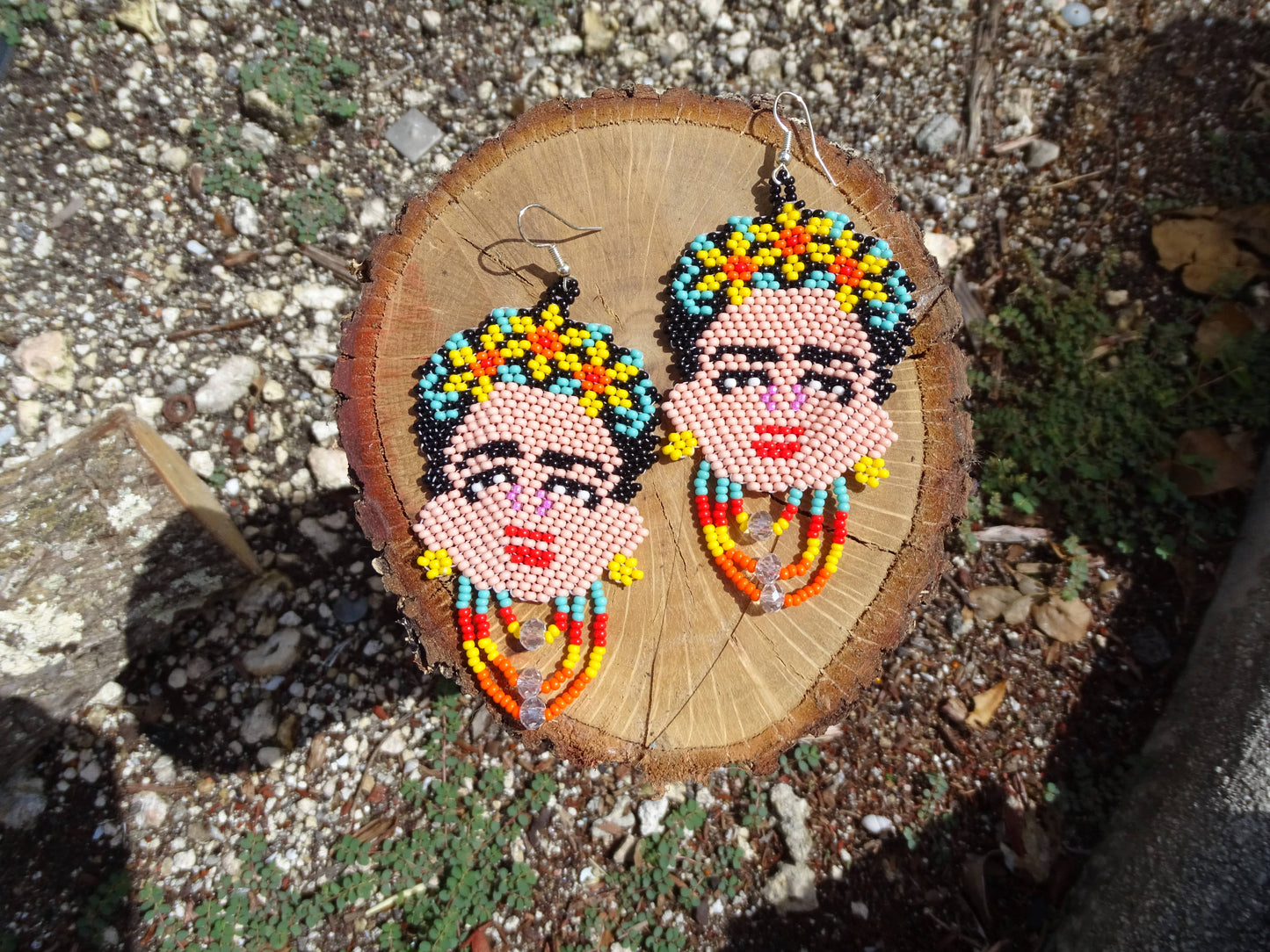 Large Seed Bead Frida Inspired Face Beaded Dangle Earrings - Las Ofrendas