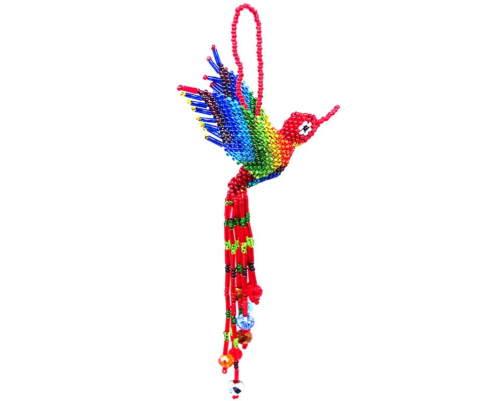 Beaded Hummingbird Figurine Seed Bead Fringe Dangle Ornament - Las Ofrendas