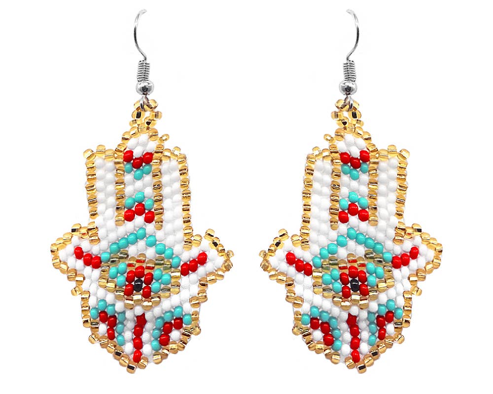 Seed Bead Hamsa Hand Shape Beaded Dangle Earrings - Las Ofrendas