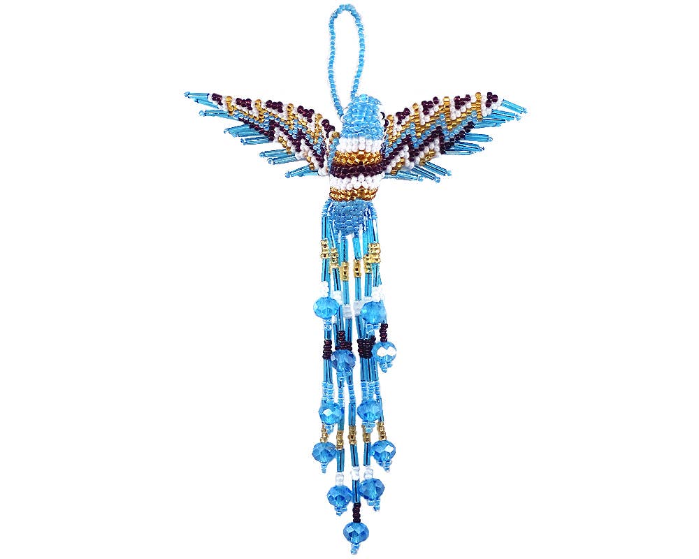 Beaded Hummingbird Figurine Seed Bead Fringe Dangle Ornament - Las Ofrendas