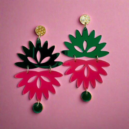 gold post green and pink flower dangle earrings las ofrendas