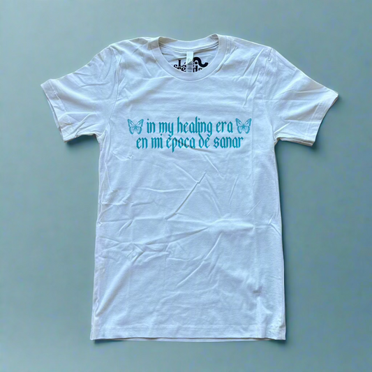 healing era blue on white bilingual t shirt