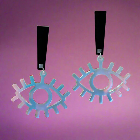 iridescent eye on black dangle earrings