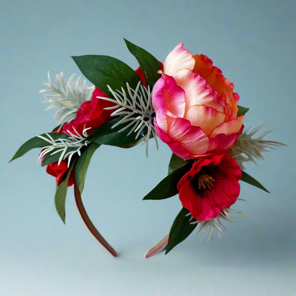 beautiful red and pink flower crown with greenery accents