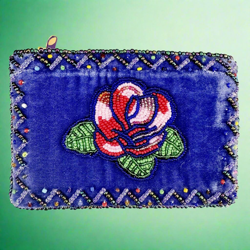 blue velvet coin purse with rose on it