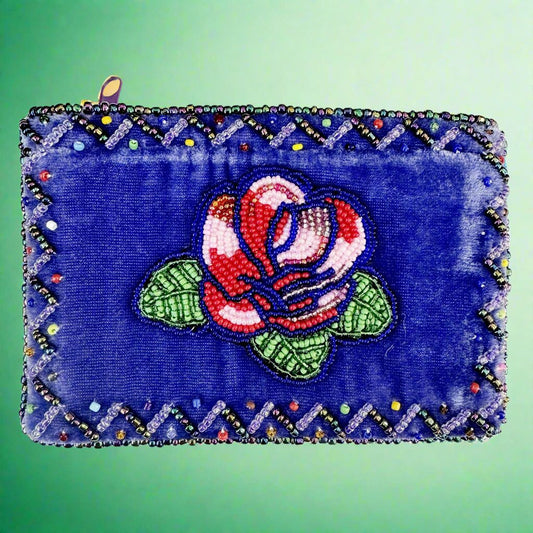 blue velvet coin purse with rose on it