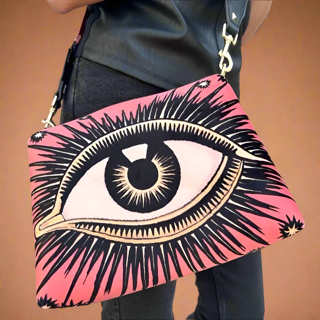The velvet evil eye bag in Watermelon - Las Ofrendas