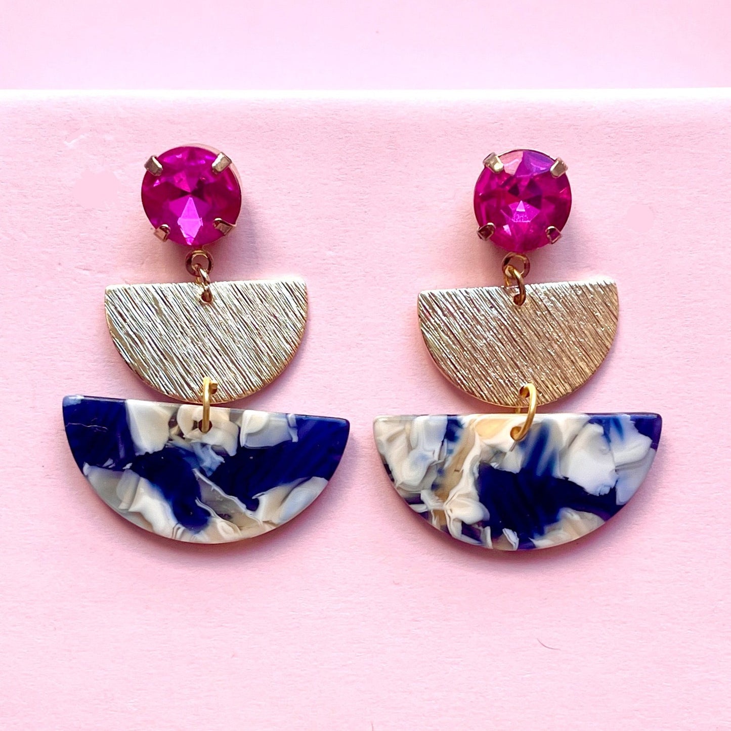 Blue Stacked Pink Gold Half Circle Earrings