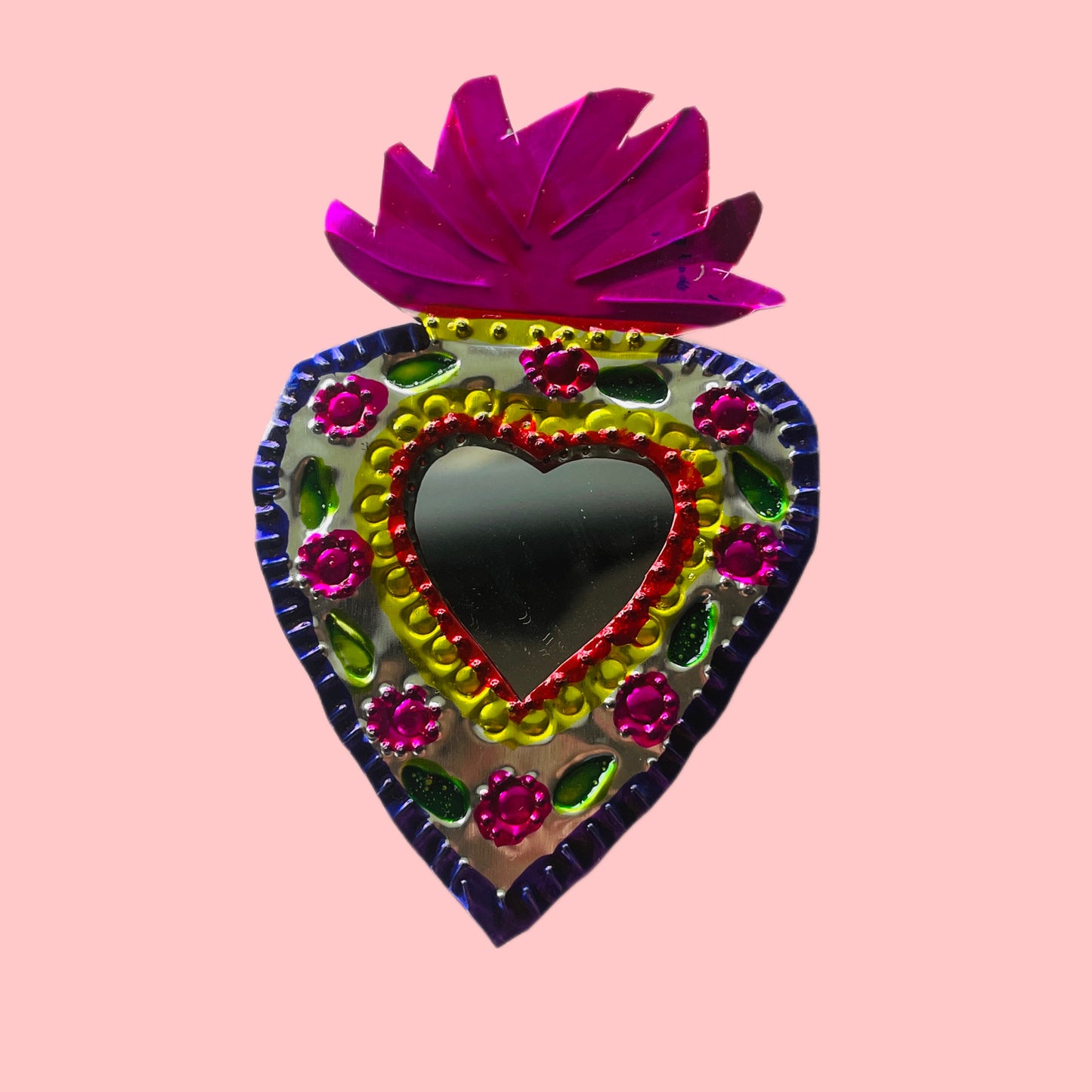 2" Pink Purple Heart Tin Mirror - Las Ofrendas