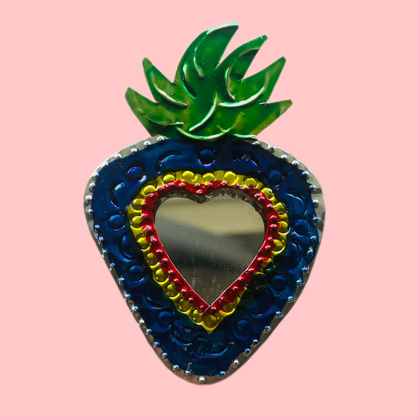 2" Blue Strawberry Heart Tin Mirror - Las Ofrendas