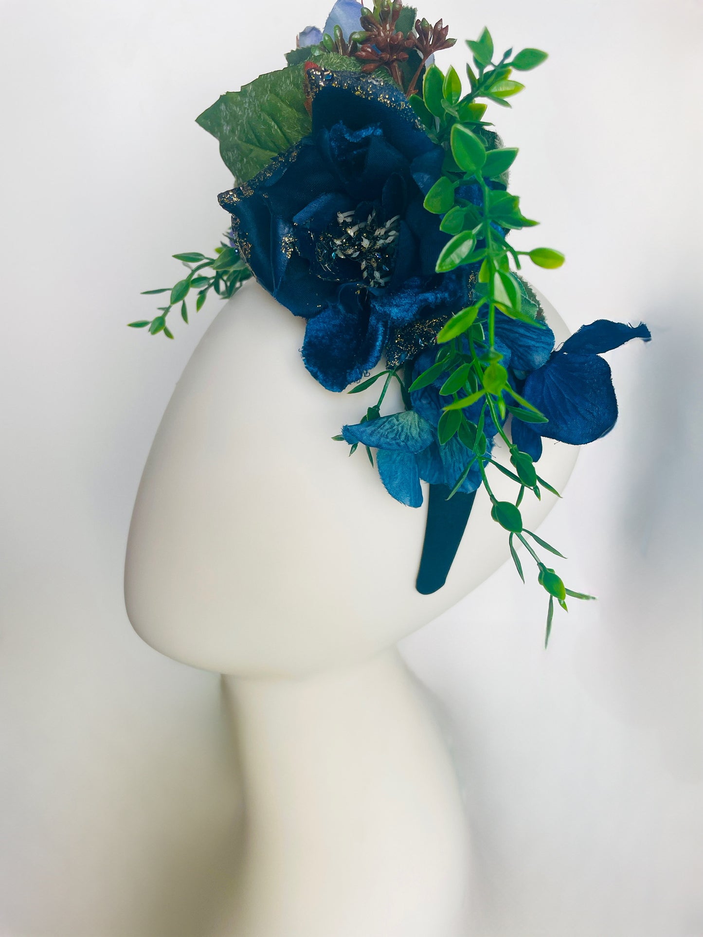Las Ofrendas One of a Kind Light Blue, Dark Blue & Green Frida Kahlo Inspired Flower Crown Headpiece
