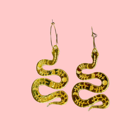 Gold Hoop Yellow Mirror Snake Earrings - Las Ofrendas 