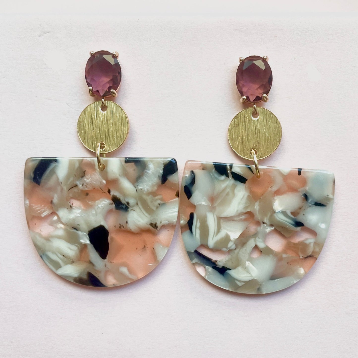 Pink Top Brown Marble Gold Circle Earrings