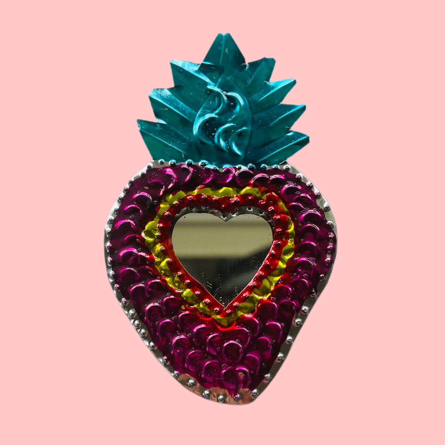2" Pink Strawberry Heart Tin Mirror - Las Ofrendas
