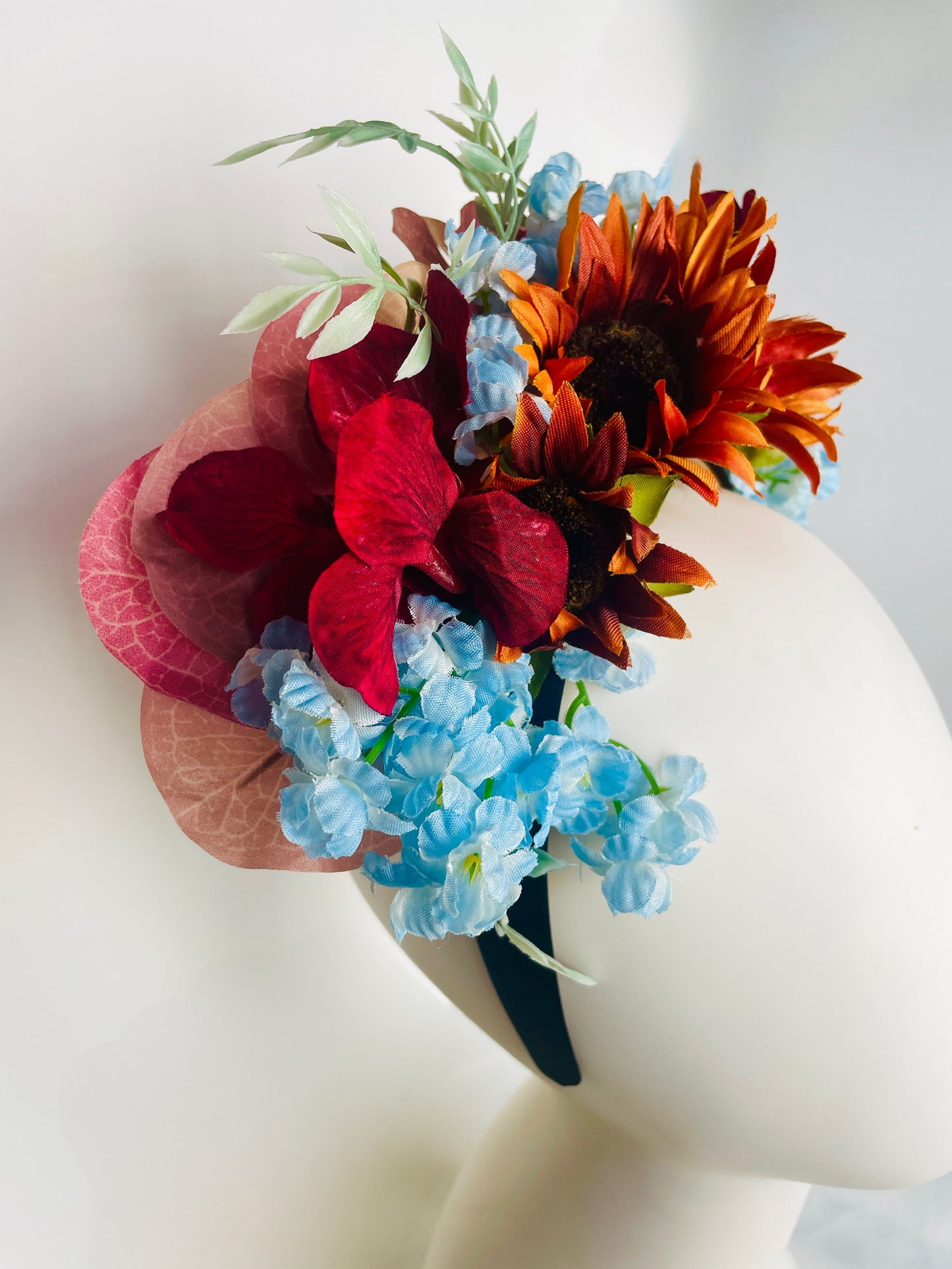Las Ofrendas One of a Kind Orange Blue Yellow Pink and Green Frida Kahlo Inspired Flower Crown Headpiece