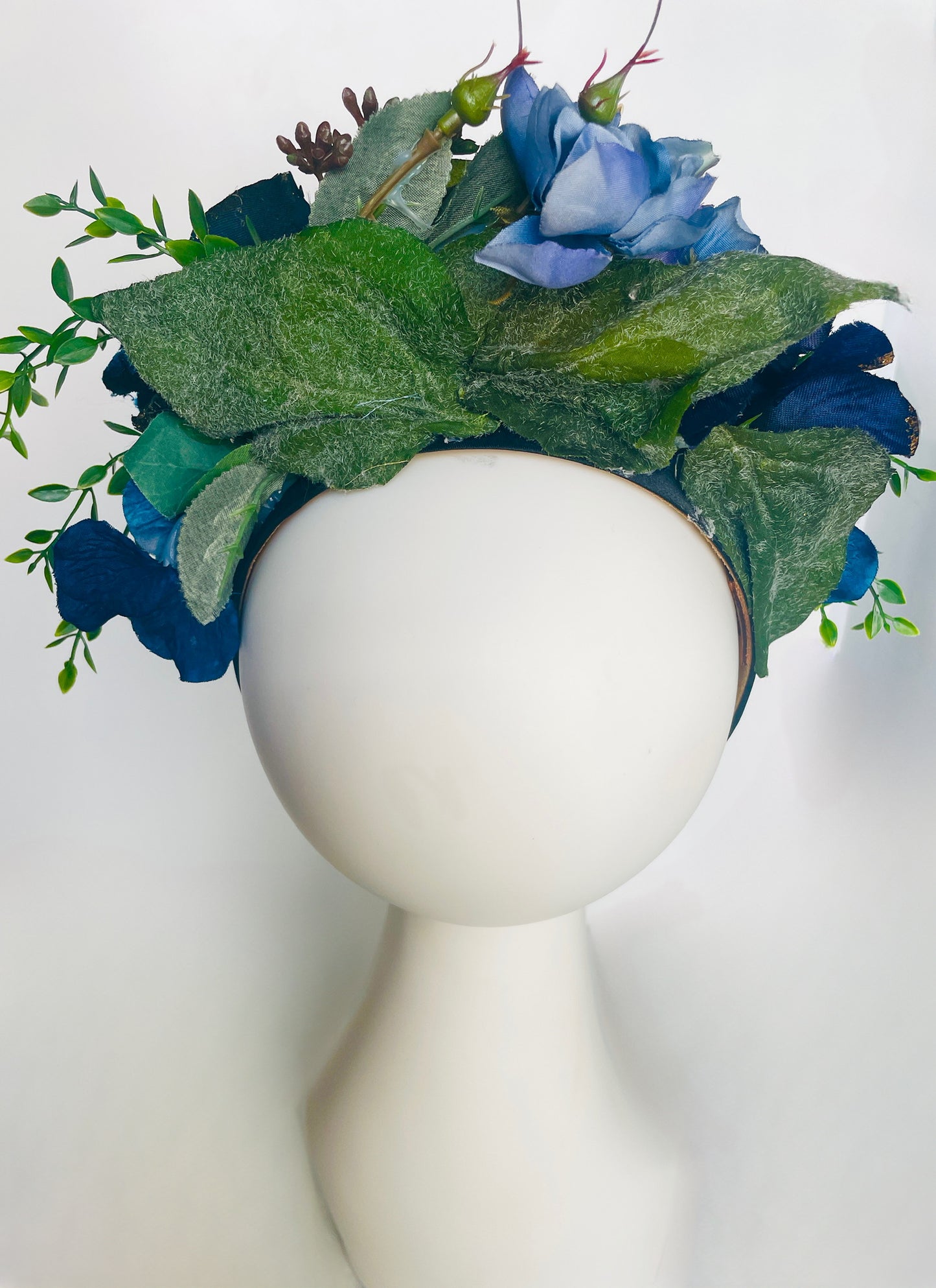 Las Ofrendas One of a Kind Light Blue, Dark Blue & Green Frida Kahlo Inspired Flower Crown Headpiece