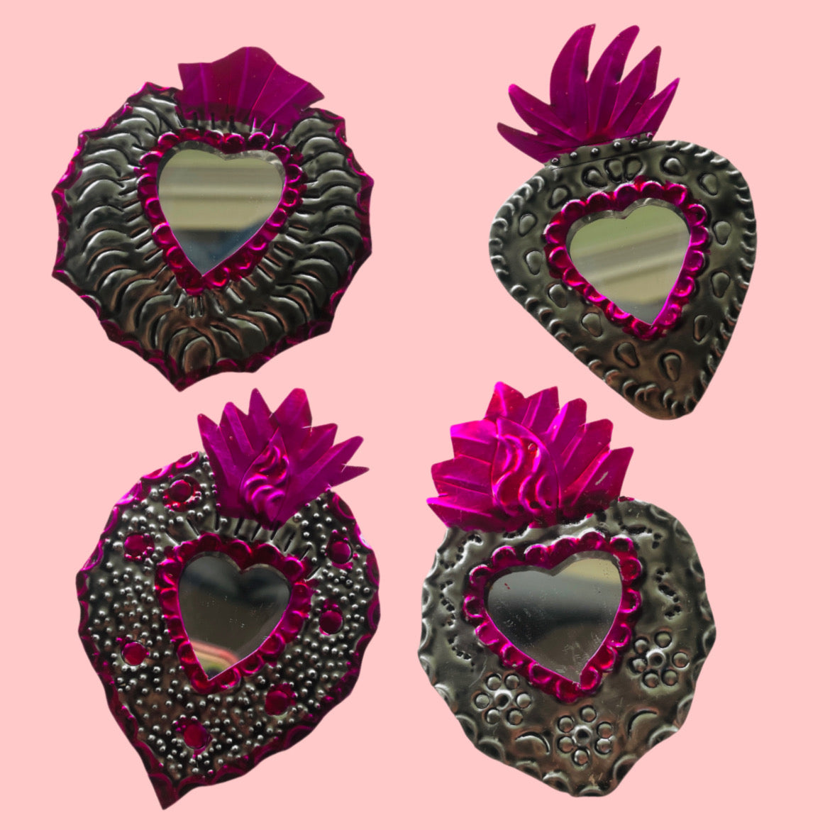 2" Pink and Silver Heart Tin Mirror (Multiple Designs Available!) - Las Ofrendas