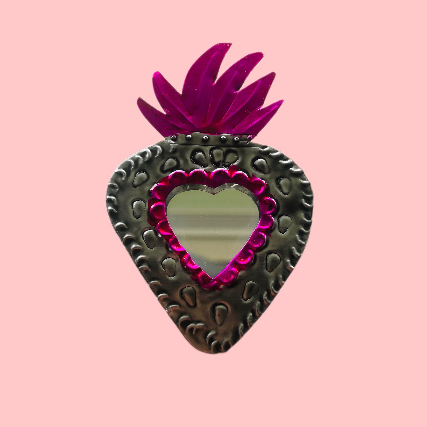 2" Pink and Silver Heart Tin Mirror (Multiple Designs Available!) - Las Ofrendas
