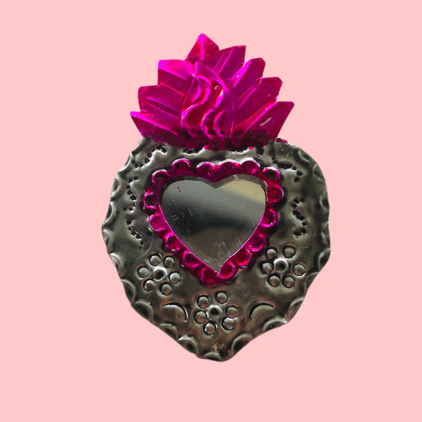 2" Pink and Silver Heart Tin Mirror (Multiple Designs Available!) - Las Ofrendas