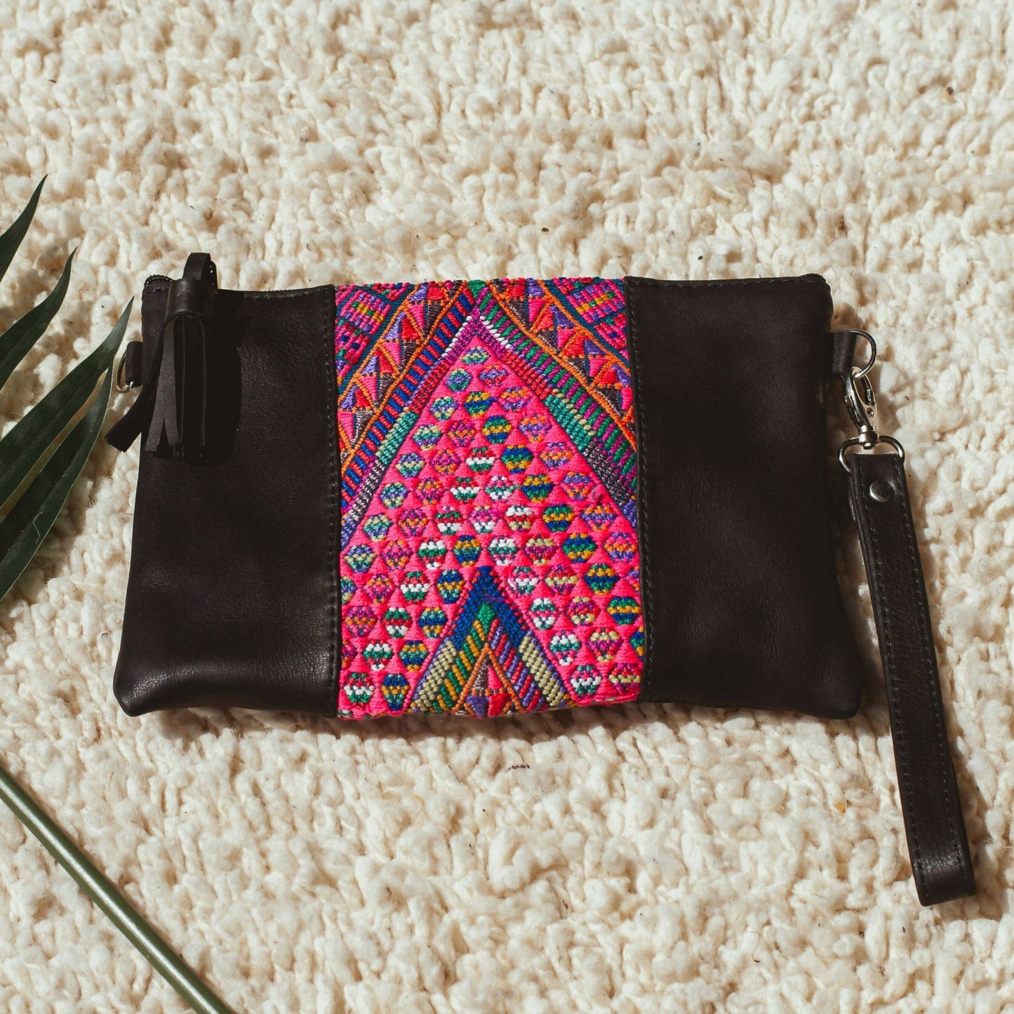 Leather + Huipil Cross Body Clutch