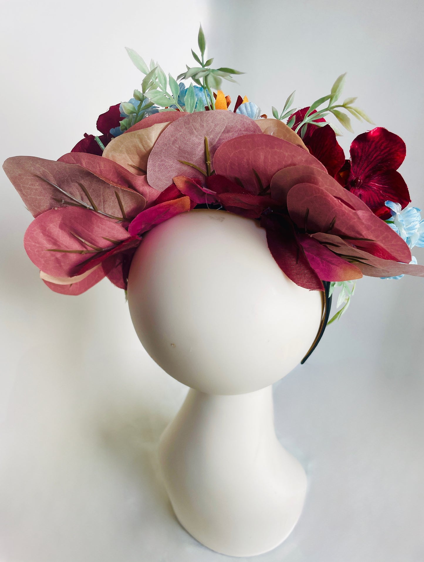 Las Ofrendas One of a Kind Orange Blue Yellow Pink and Green Frida Kahlo Inspired Flower Crown Headpiece