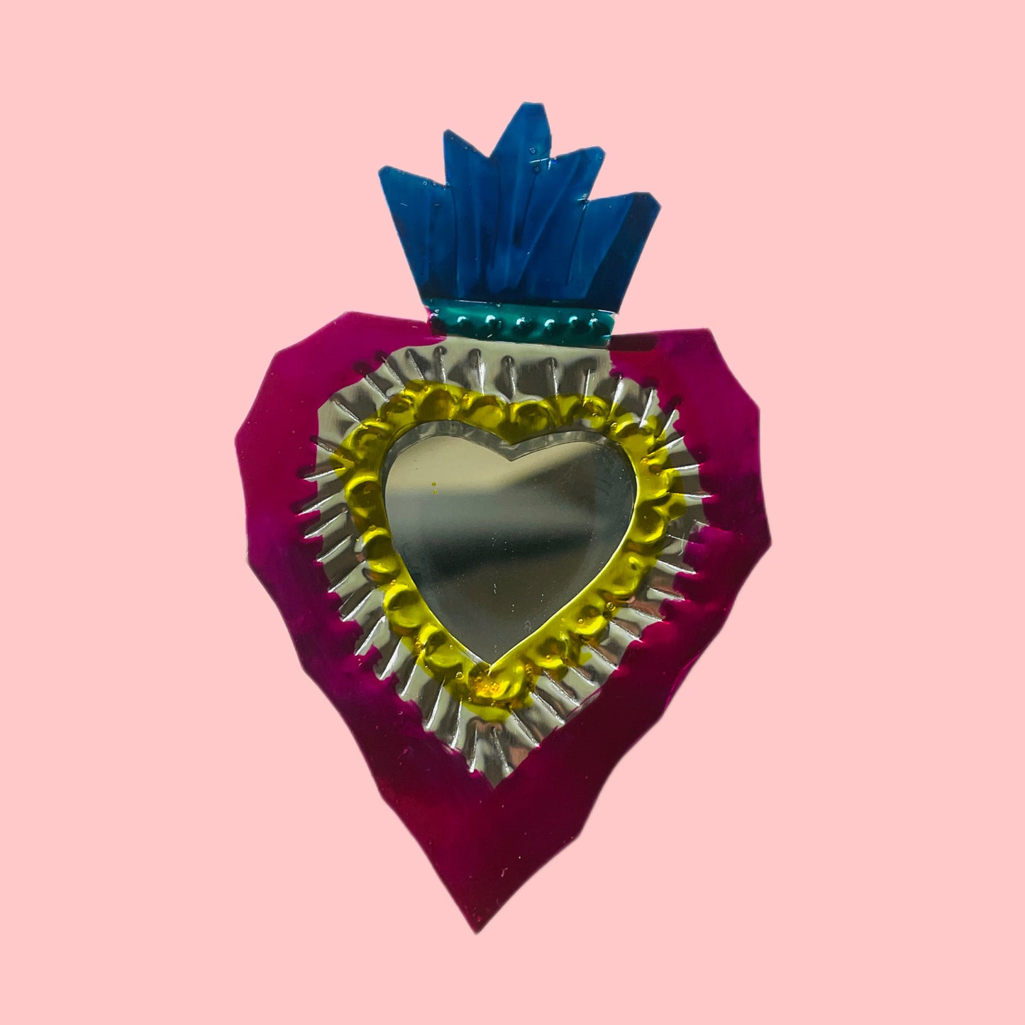 2" Pink and Blue Heart Tin Mirror - Las Ofrendas