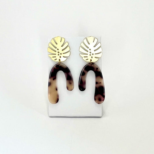 Gold Monstera Top with Multi Color Asymmetrical Arches Earrings - Las Ofrendas 