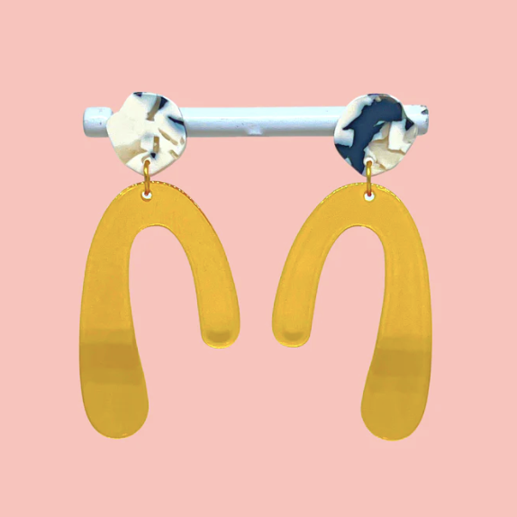 Yellow Asymmetrical Marble Round Top Earrings
