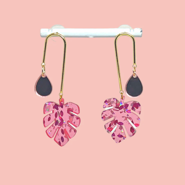 Dark Pink Monstera Dangle Earrings