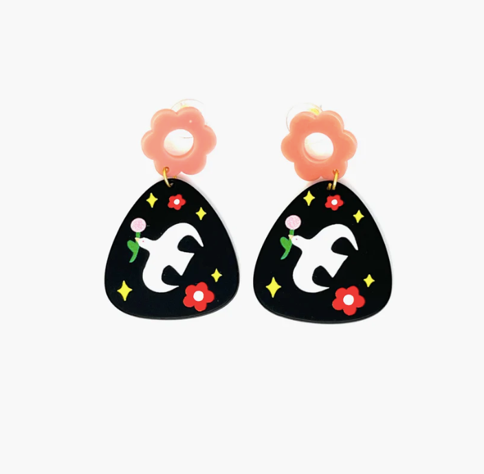 Pink Flower Top White Dove Dangle Earrings