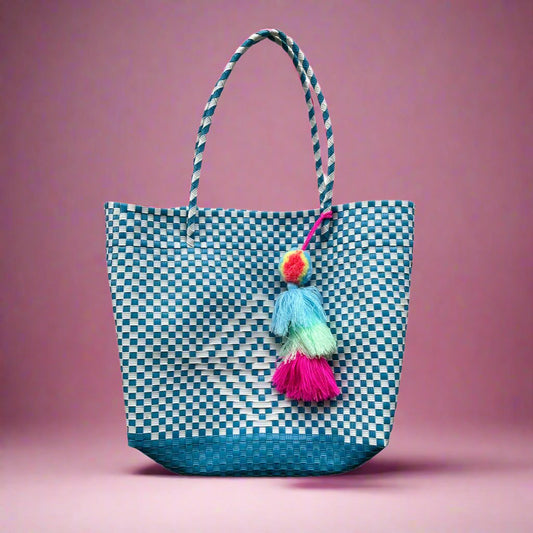 Blue White Turquoise Handwoven Tote Purse with Charm - Las Ofrendas