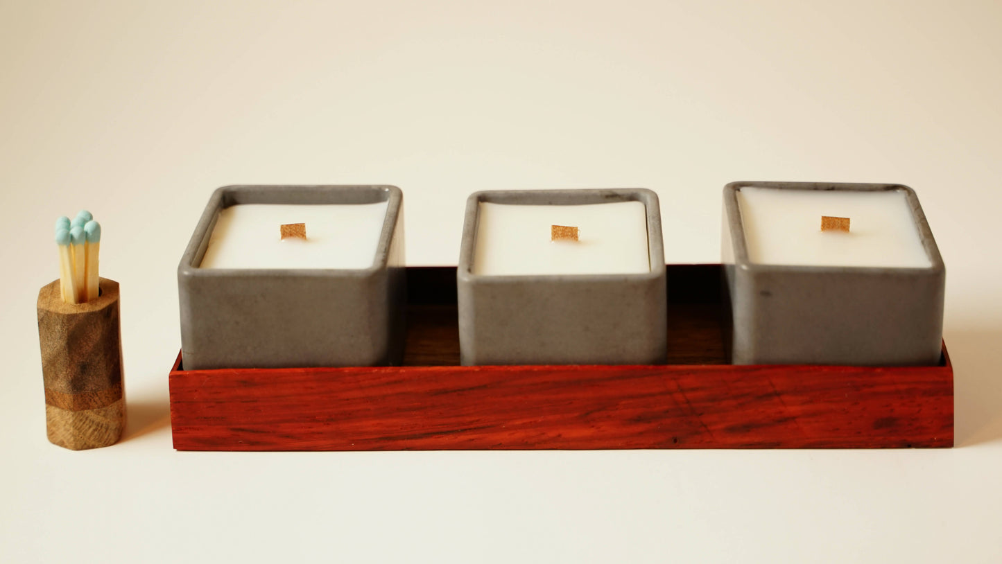 Concrete Tea Light Set with Wooden Tray