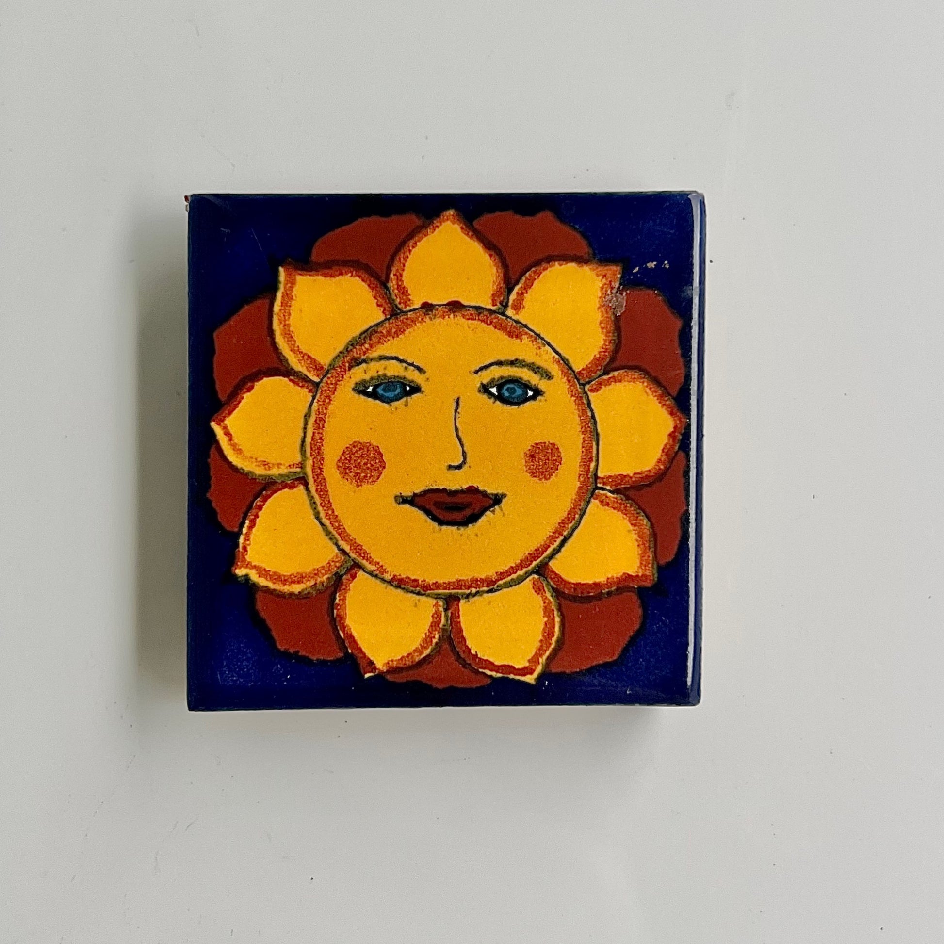 1.25” Hand Painted Sun Flower Spanish Tile Magnet - Las Ofrendas 