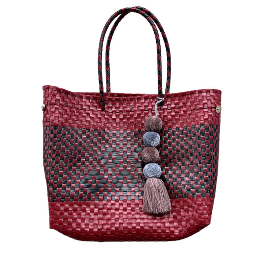 Red Black Handwoven Handbag Tote Purse with Pom Pom Charm (Magnetic Closures) - Las Ofrendas 