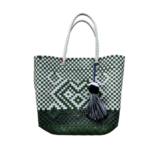 Emerald Green Handwoven Handbag Tote Purse with Pom Pom Charm - Las Ofrendas 