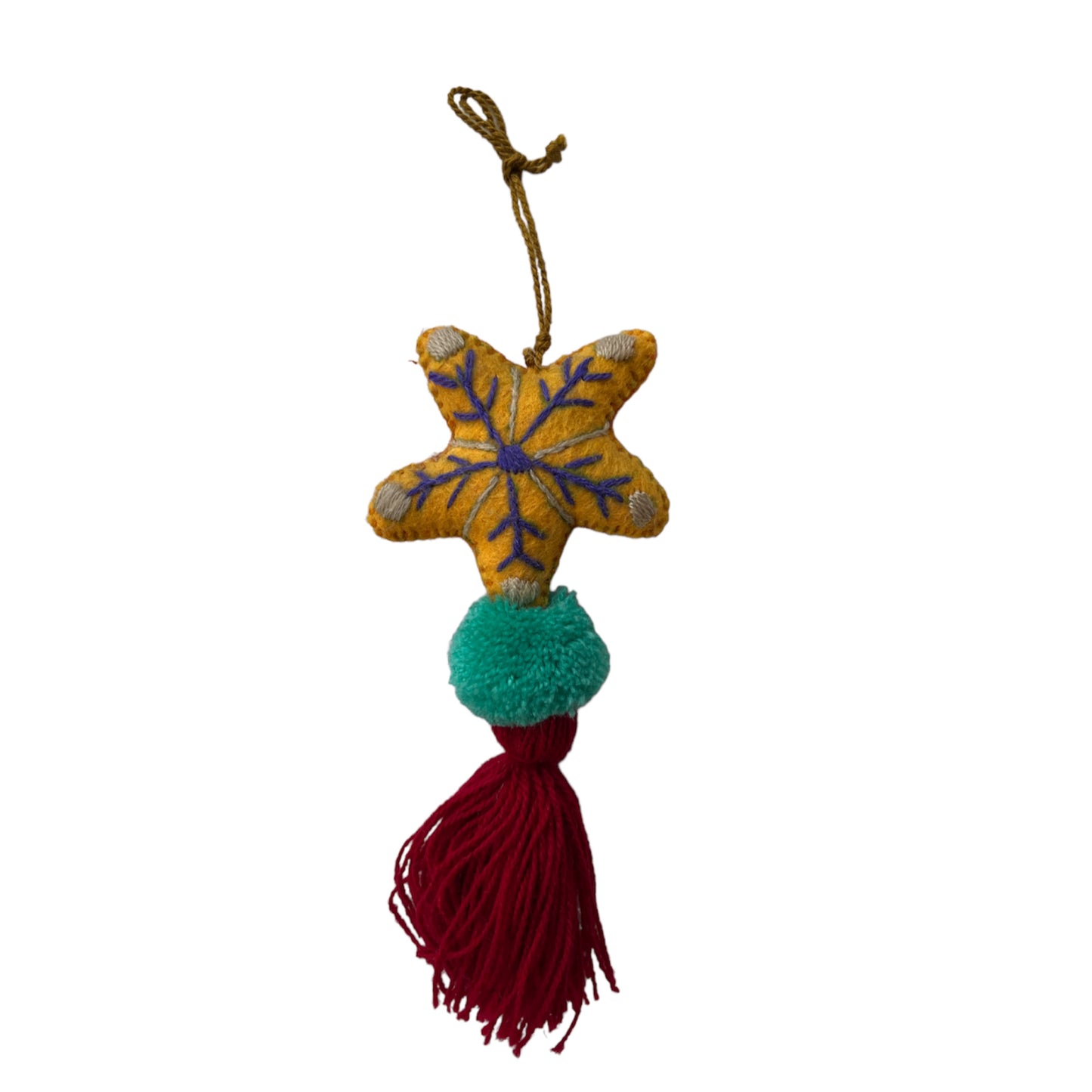 Medium Star ASSORTED COLORS Ornament Tassel Hanging Pom Pom (hand embroidered) - Las Ofrendas