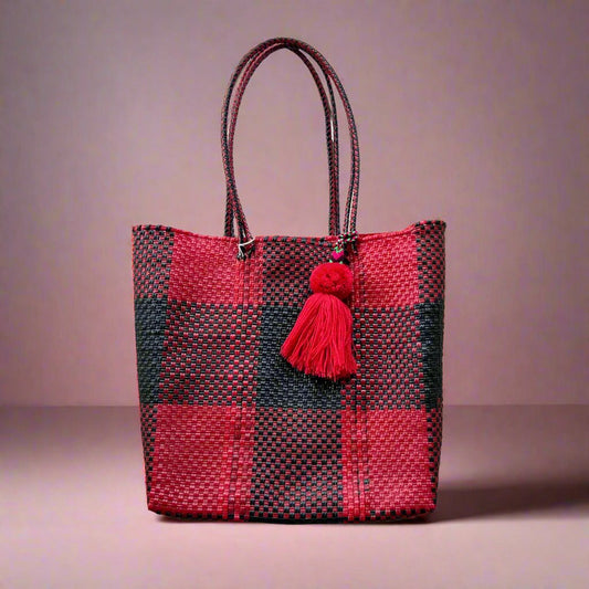 Plaid Red + Black Handwoven Handbag Tote Purse with Pom Pom Charm - Las Ofrendas