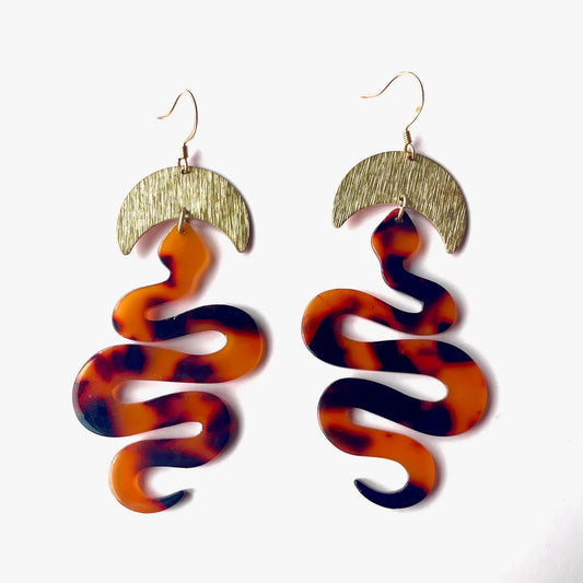 Crescent Moon and Tortoise Serpent Snake Earrings - Las Ofrendas 