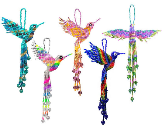 Beaded Hummingbird Figurine Seed Bead Fringe Dangle Ornament - Las Ofrendas 