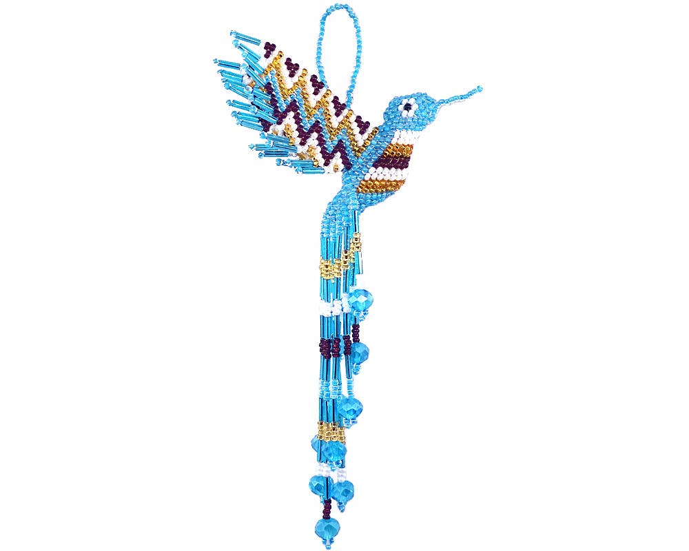 Beaded Hummingbird Figurine Seed Bead Fringe Dangle Ornament - Las Ofrendas 
