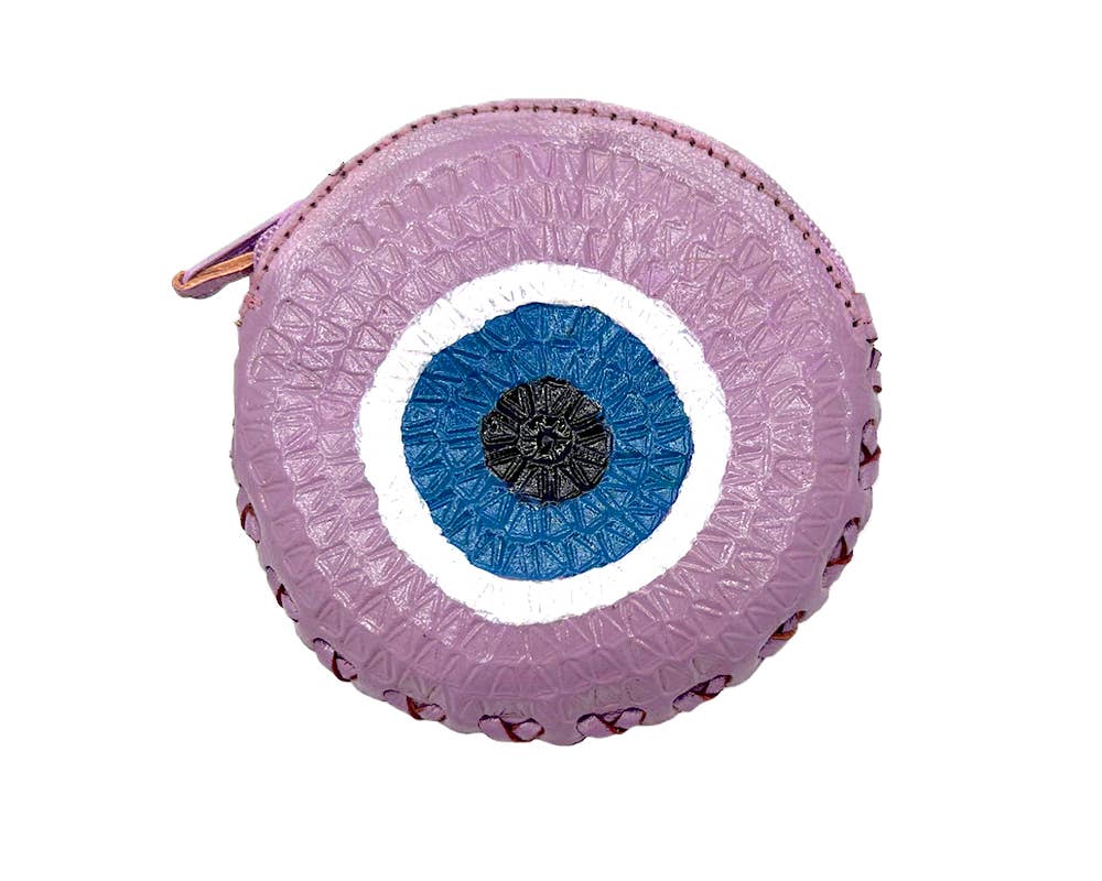 Round Evil Eye Leather Embossed Coin Purse Pouch Bag - Las Ofrendas 