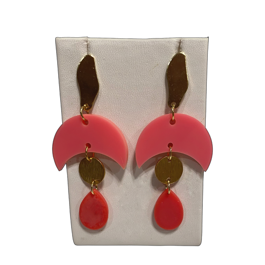 Gold Pink Crescent Earrings